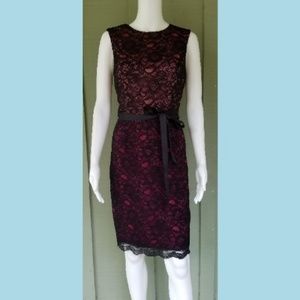 MAGGY LONDON Black Lace Sheath Dress 8 Red Lining